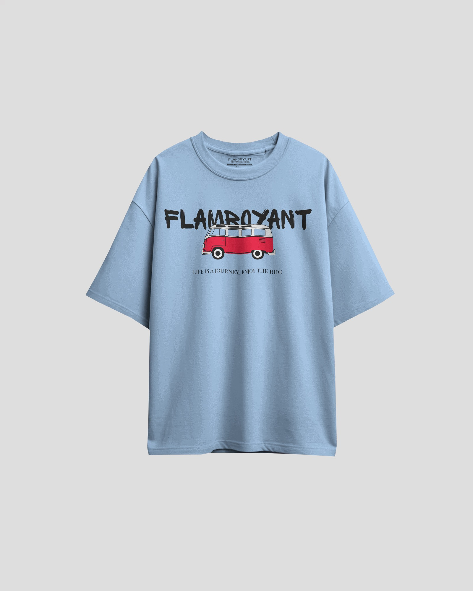 Light blue t-shirt with graphic design and text on a light gray background